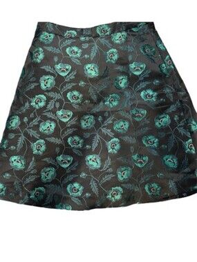 New J.Crew Floral Roses Embroidered Green Black Satin Polyester Skirt Size 0